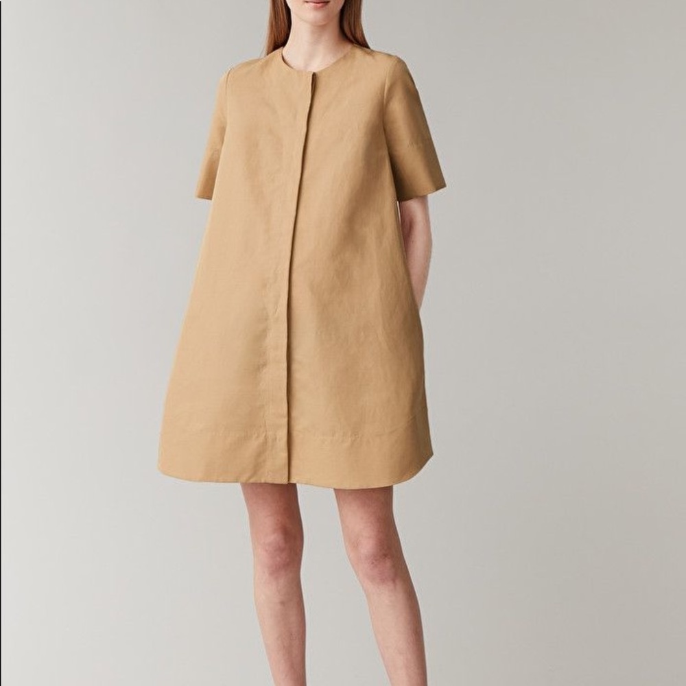 COS Beige Short-Sleeve A-Line Midi Dress